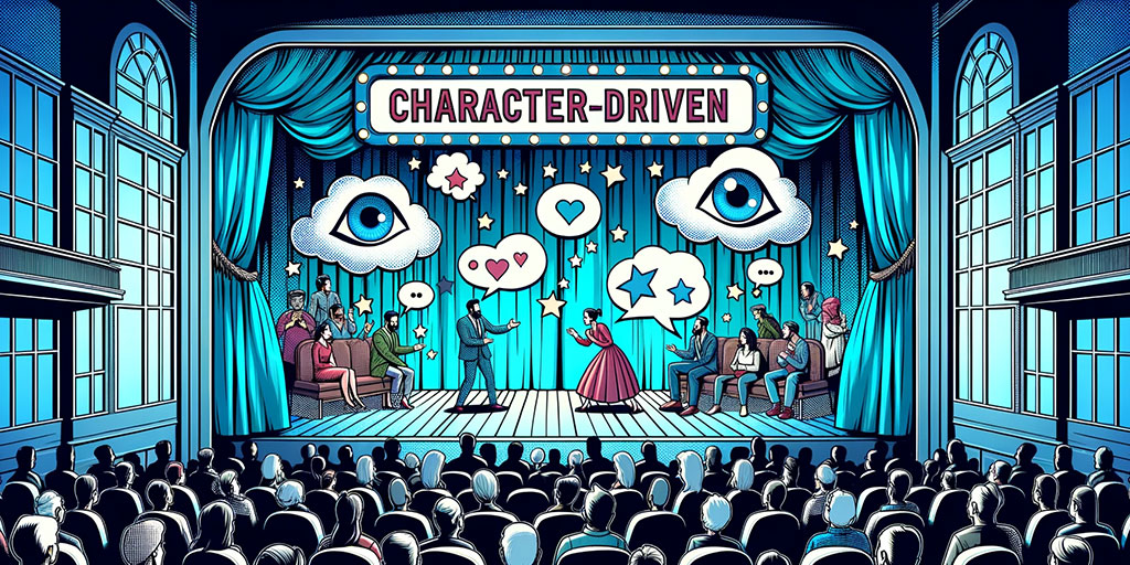 Theater stage with characters in emotional dialogues and moved audience under a 'Character-Driven' banner.
