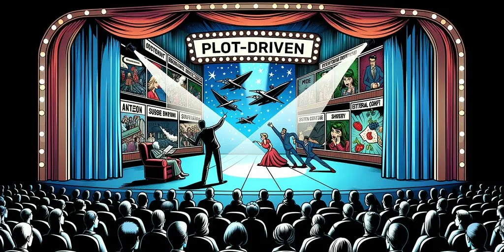 Theater director guiding actors in dynamic scenes, with an audience captivated by the plot-driven narrative.