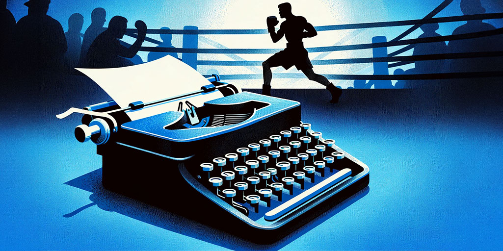 Typewriter in a boxing ring with a silhouette of a boxing match in the background