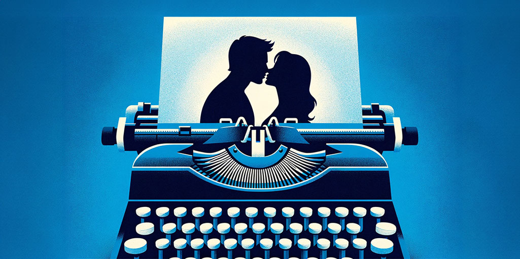 Typewriter with a manuscript page showing the silhouette of a couple kissing