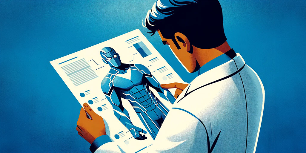 Scientist analyzes the blueprint of a superhero suit