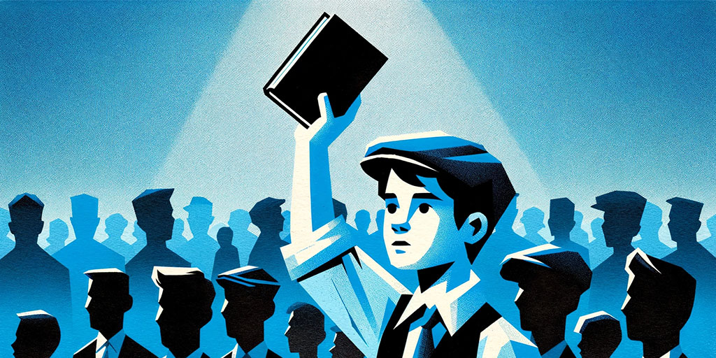 Paperboy holding up a book surrounded by a crowd of people