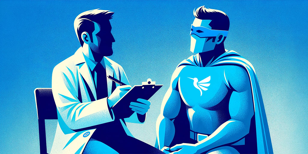Scientist with a clipboard interviews a superhero with a cape