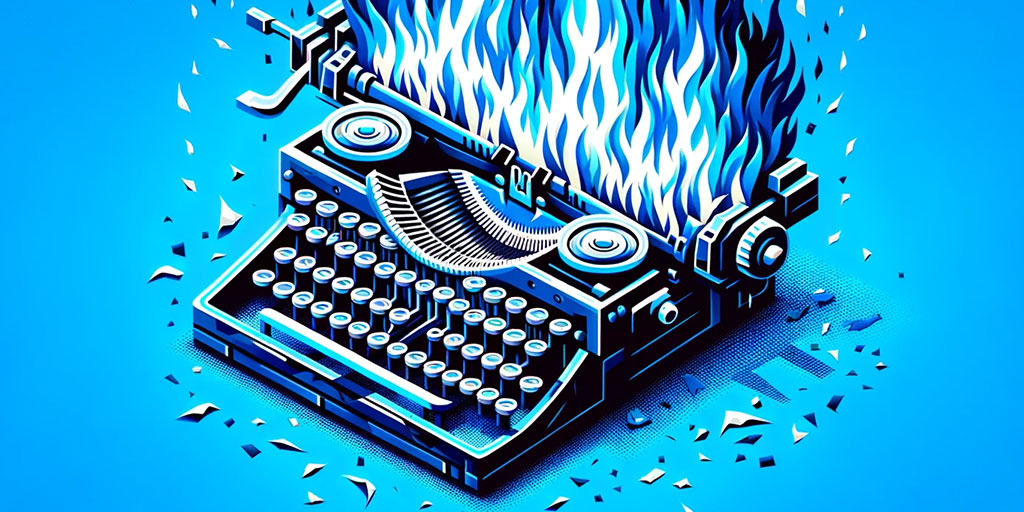 A destroyed, burning typewriter surrounded by several individual mechanical parts