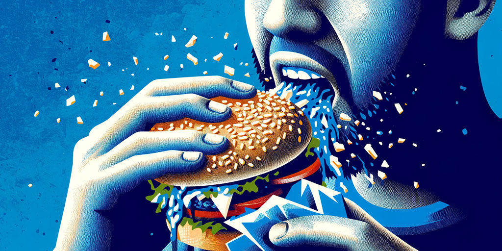 Close-up of a person biting into a juicy hamburger represents eating and drinking quirks