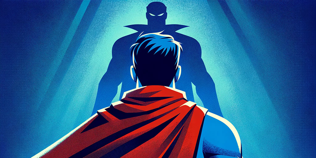 Superhero with red cape stands in front of a silhouette of a villain