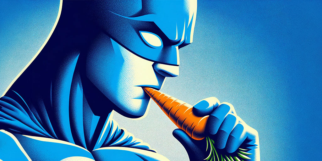 Close-up of a superhero with mask eating a carrot