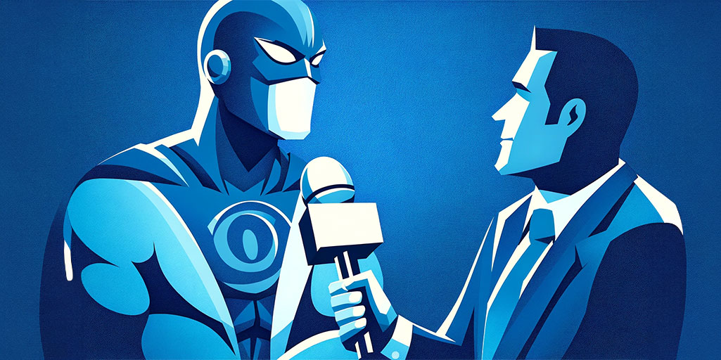 Superhero being interviewed by a journalist with a microphone