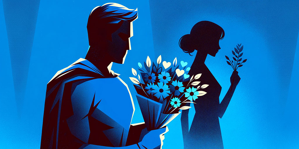A superhero with a bouquet of flowers and a silhouette of a beautiful woman in the background