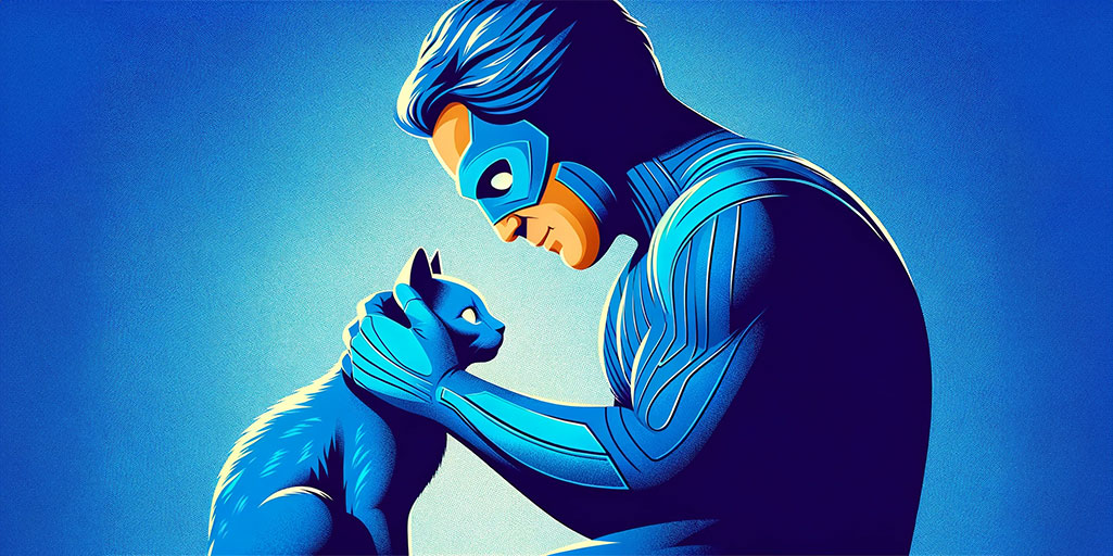 A superhero with a mask petting a little cat