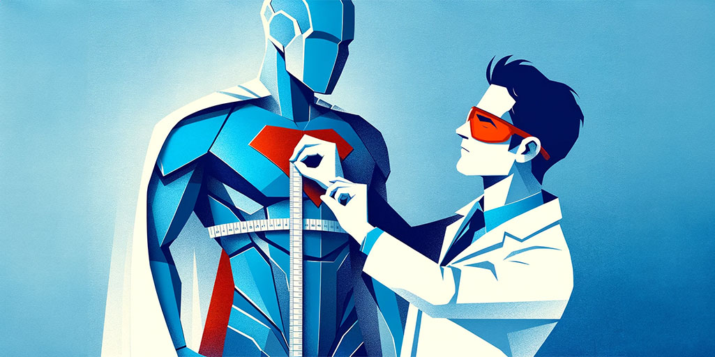 A scientist with organogenic glasses measuring a superhero suit with a tape measure