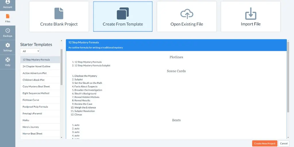 Plot Template Interface of Plottr for a mystery story