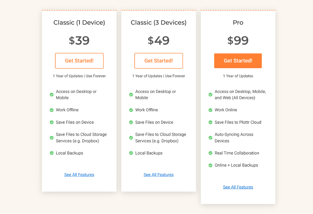 Overview of Plottr pricing plans