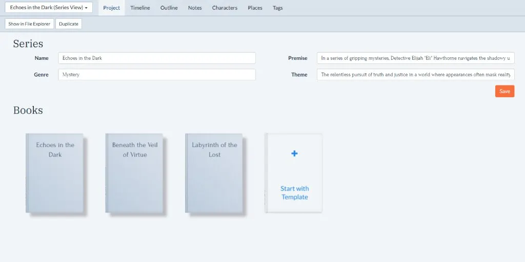 Series Management Interface of Plottr for a mystery book