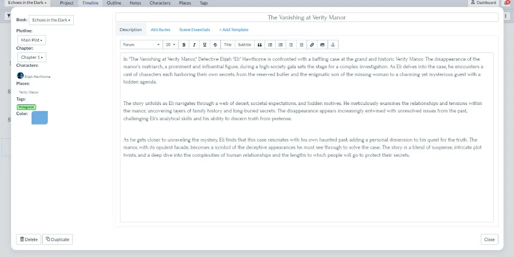 Story Bible Interface of Plottr for a chapter of a mystery book