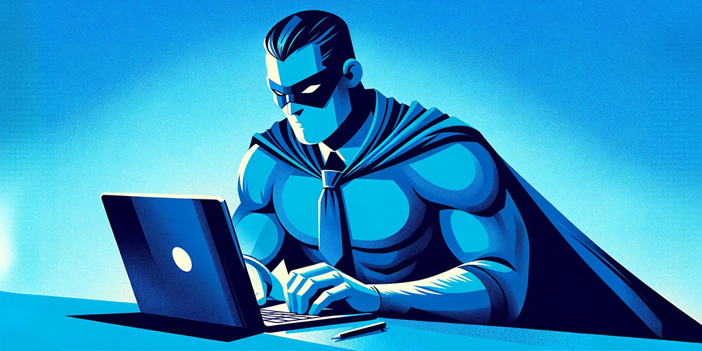 A superhero with a cape and tie works on a laptop
