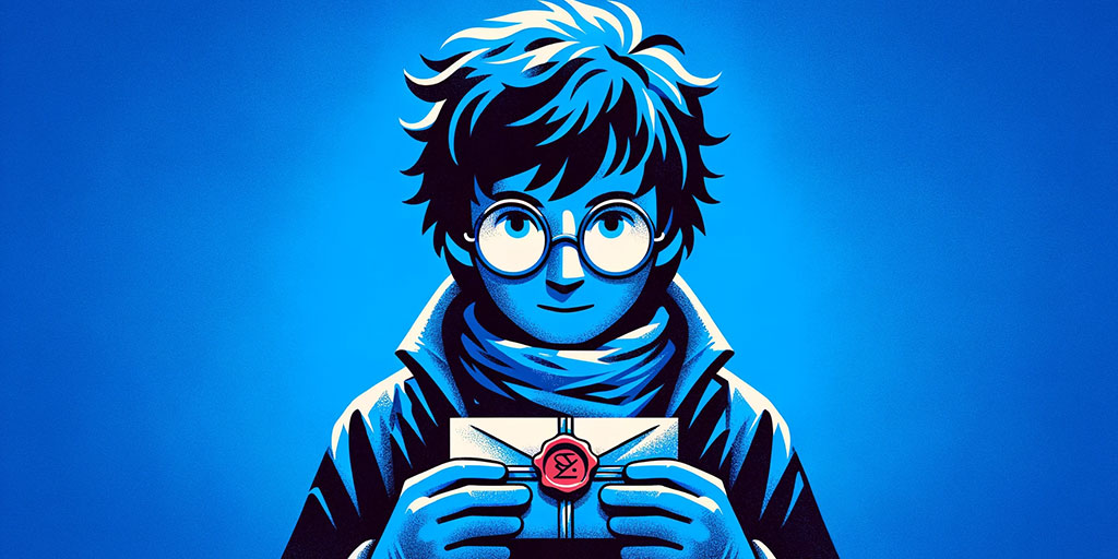 Harry Potter with glasses holding an envelope sealed with a wax stamp.
