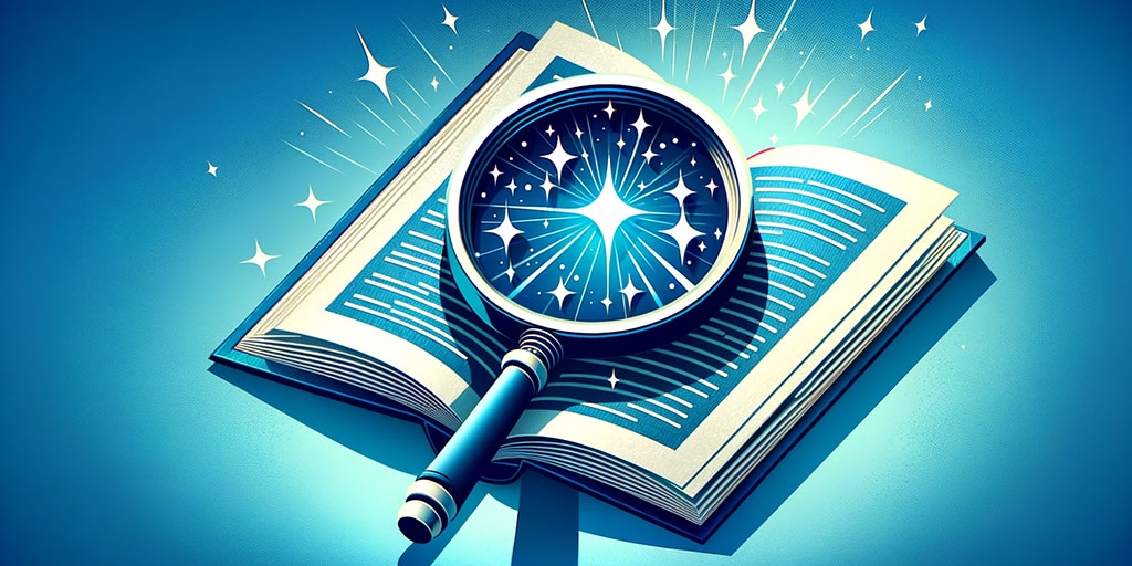 Open book with magnifying glass revealing stars and compass design.