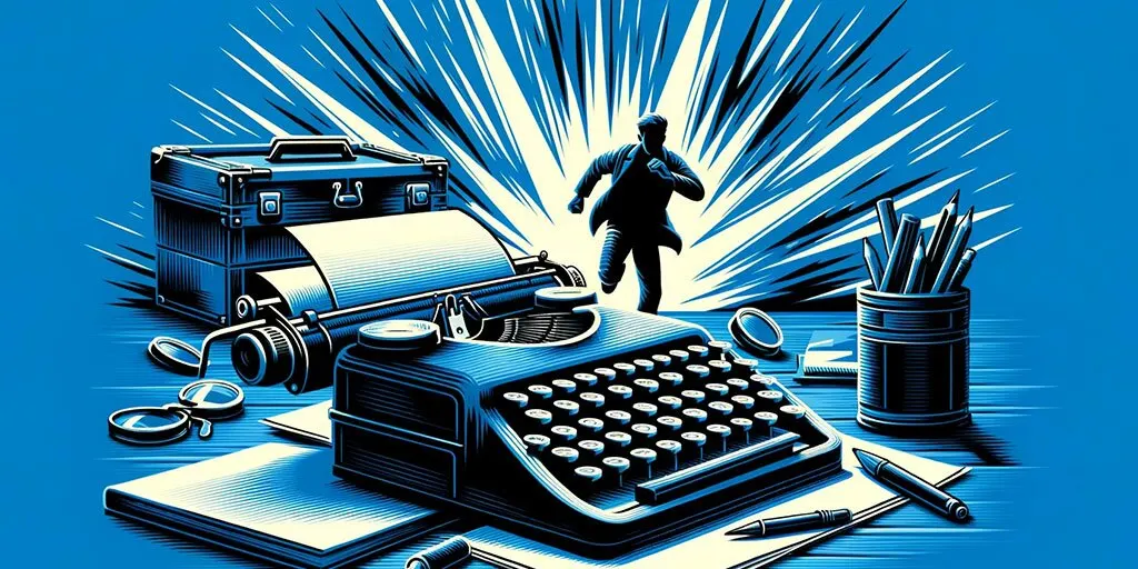 Vintage desk with typewriter, camera, and running silhouette highlighted.