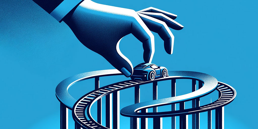 Hand placing a toy car on a rollercoaster track.