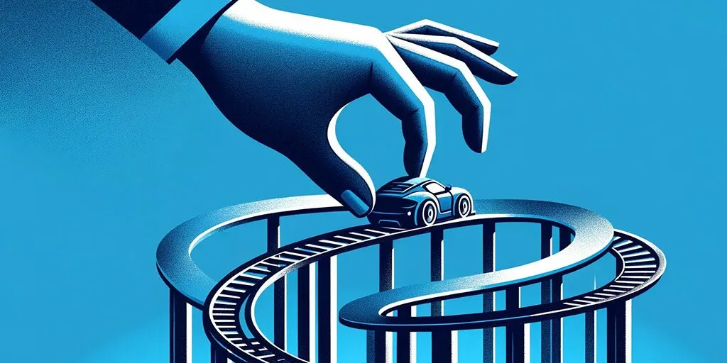 Hand placing a toy car on a rollercoaster track.