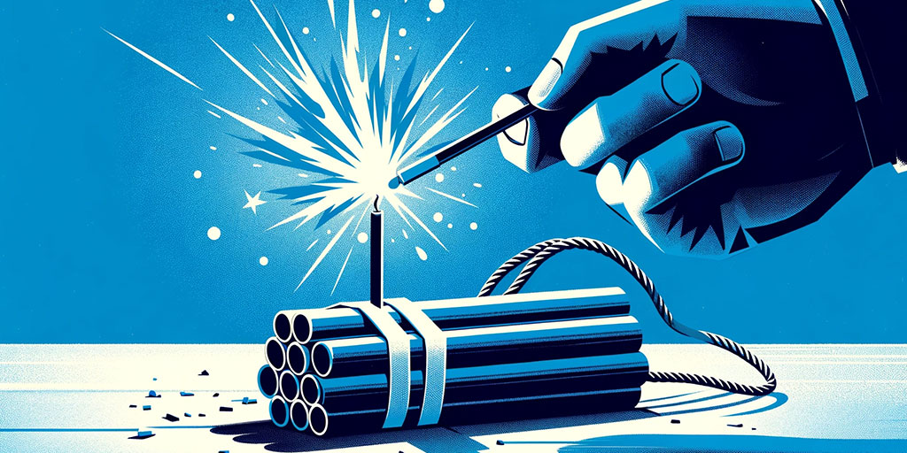Hand igniting a fuse on a bundle of dynamite with sparks flying.