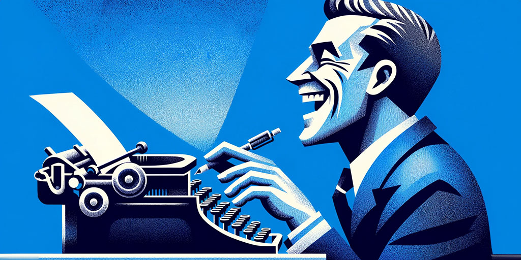 A laughing author typing on a classic typewriter