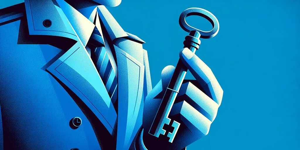Detective holding a key representing the resolution of a story.