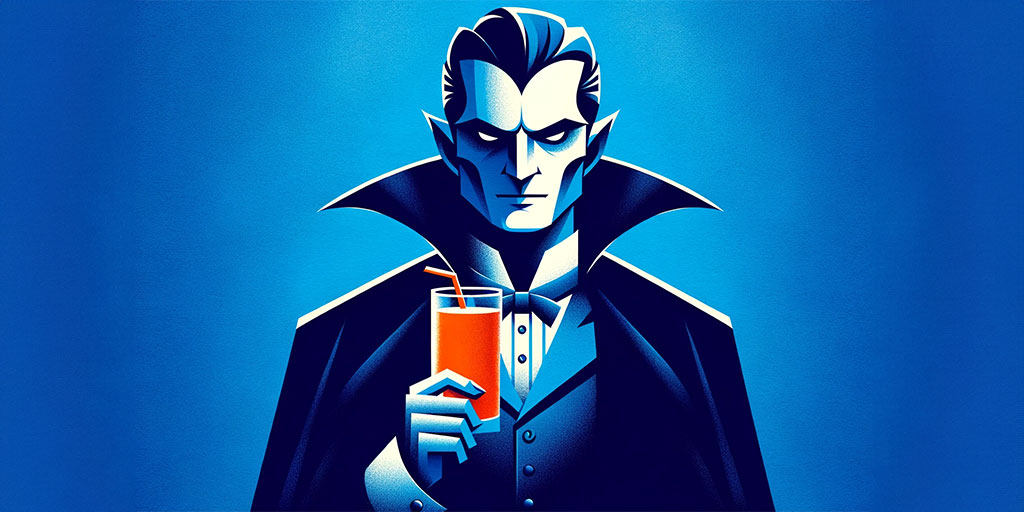 Dracula vampire holding a glass of orange liquid