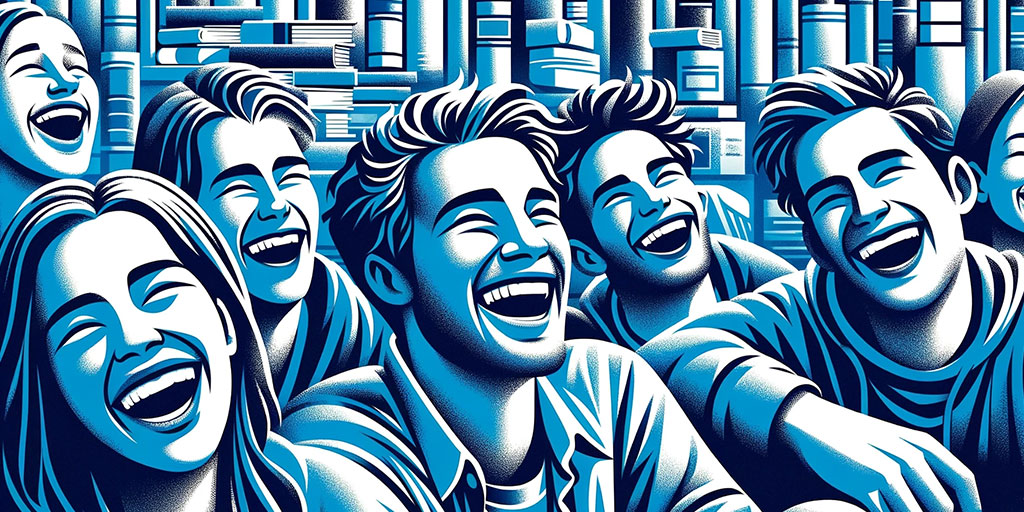 Group of joyful people laughing with bookshelf background
