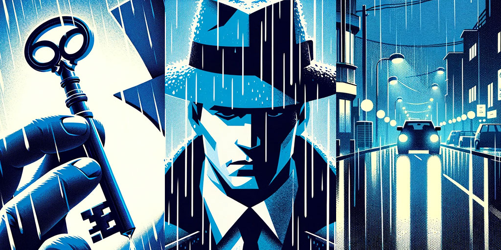 Noir-style detective holding a key with a cityscape background