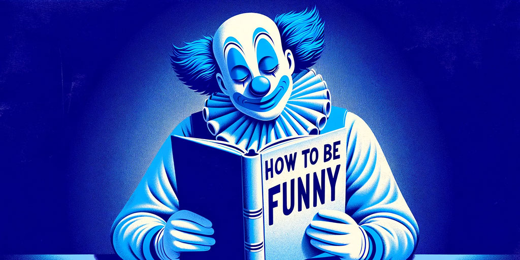 Clown reading a book titled 'How to be Funny'