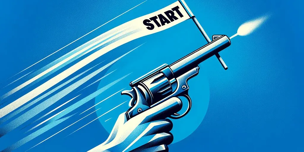 Hand firing starting pistol with 'START' flag