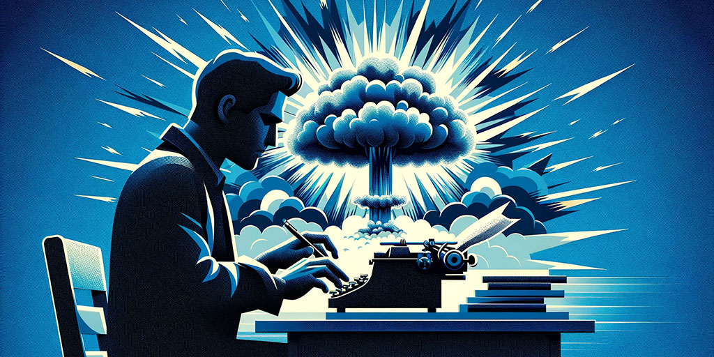 Writer at typewriter with exciting explosion in the background