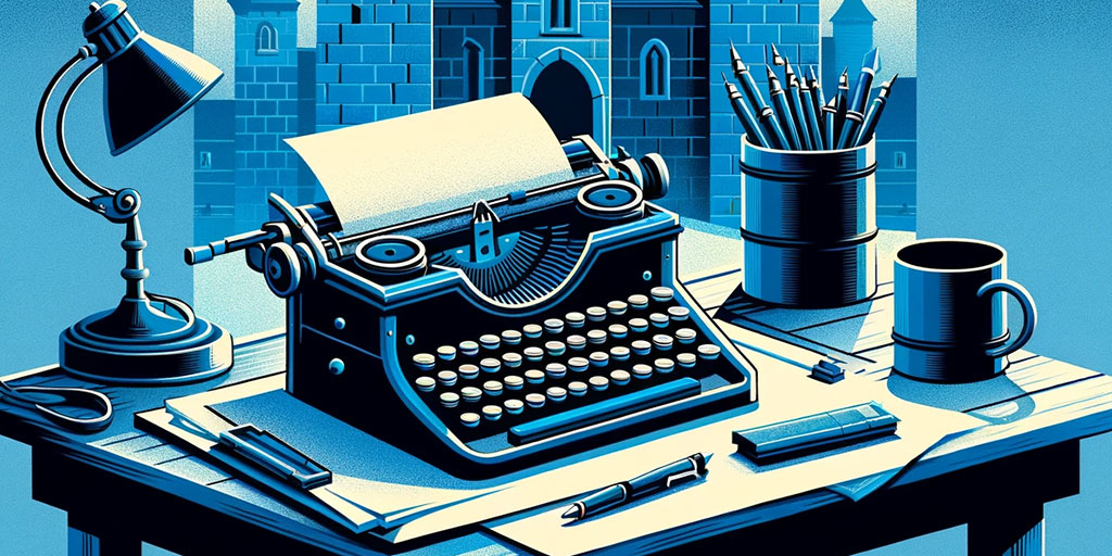 Vintage typewriter on desk with castle backdrop, pencils, and coffee mug