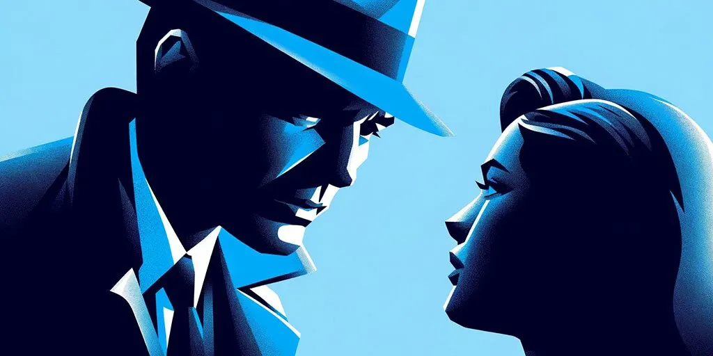 Detective in hat whispering to elegant woman