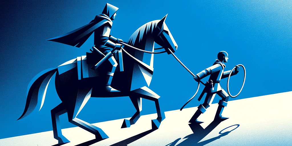 Knight in armor riding horse with squire holding a lance in silhouette