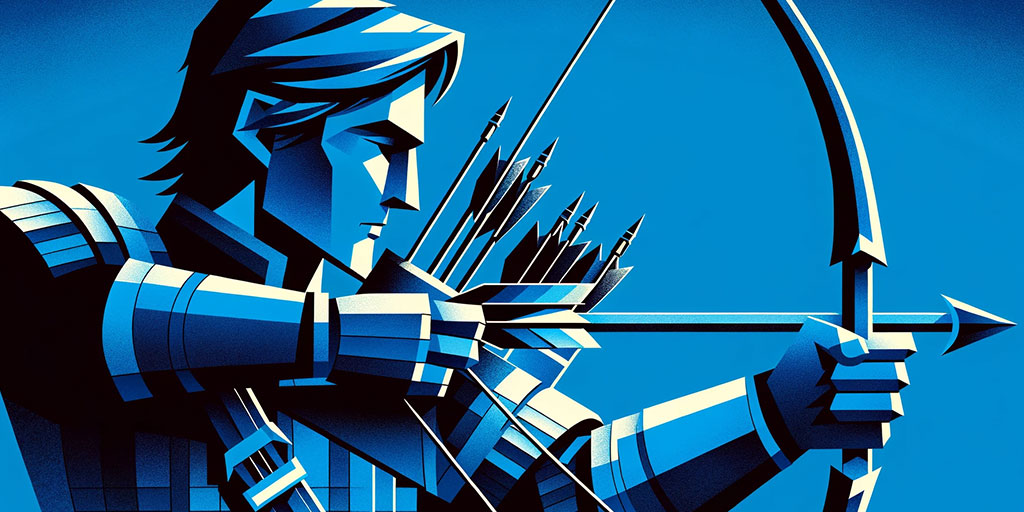 Archer in blue with detailed arrows ready to shoot