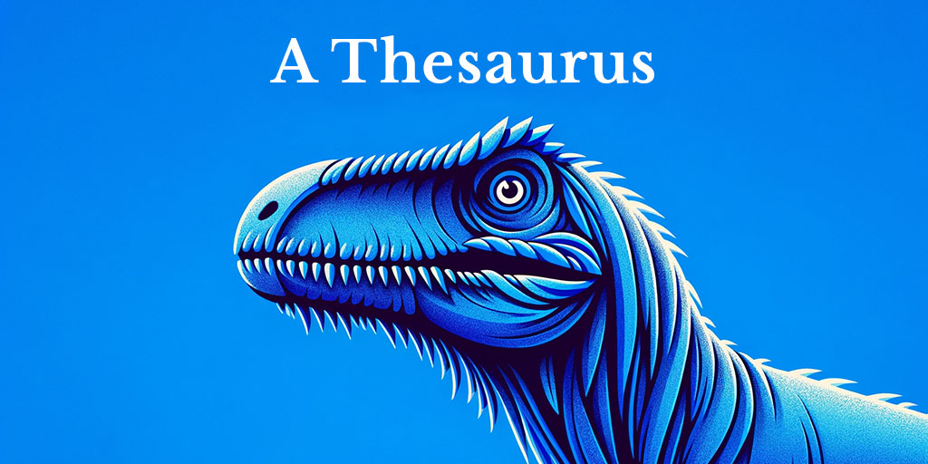 Stylized dinosaur labeled 'A Thesaurus' with books