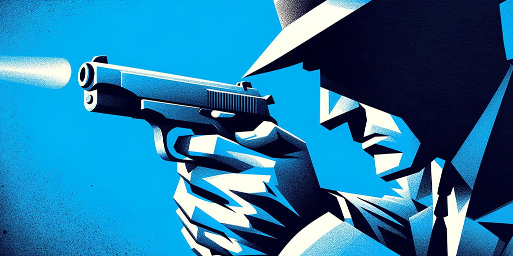 Detective pointing a gun with focused expression in noir style