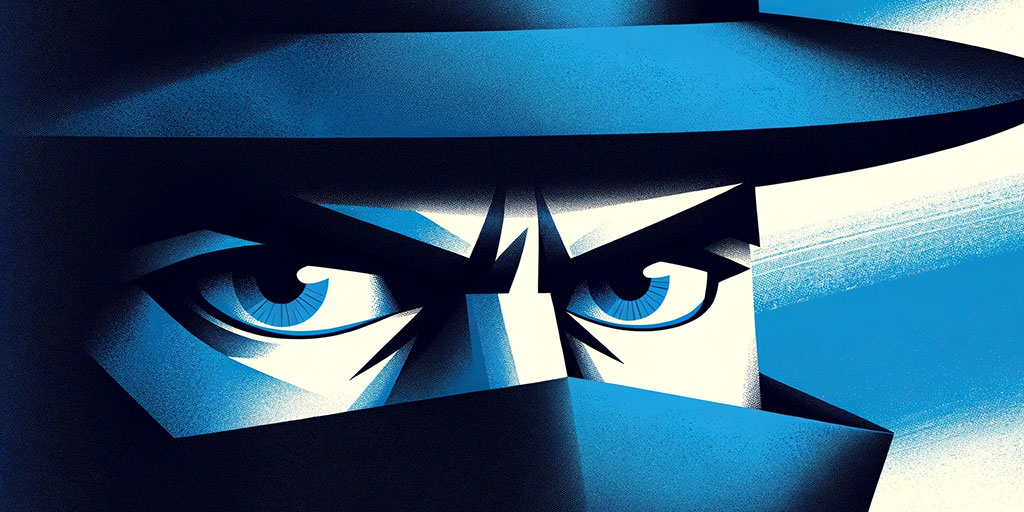 Intense eyes of a detective in a fedora hat in monochrome blue tones