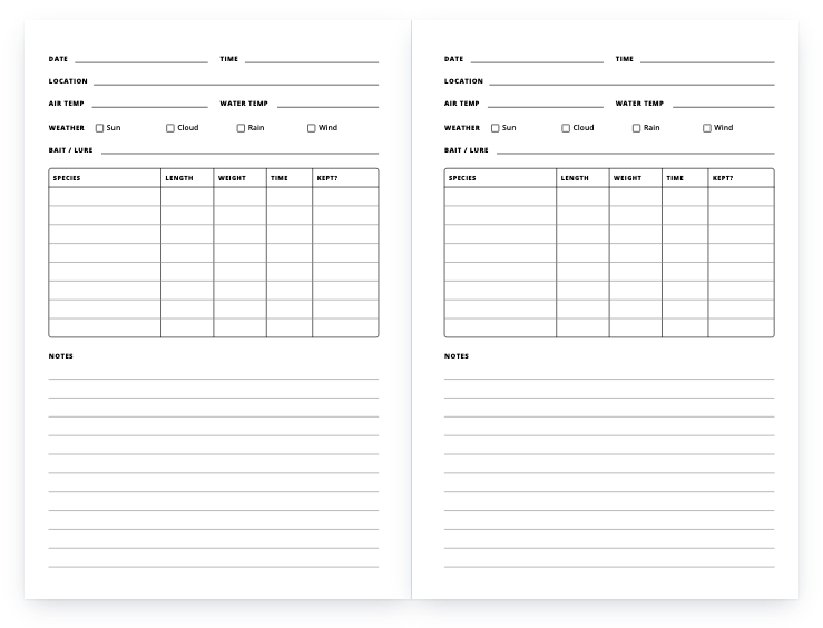 Fishing log: a two-page spread of the interior