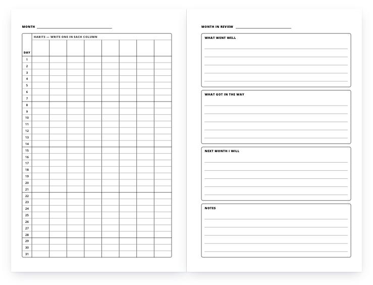 Habit tracker: a two-page spread of the interior