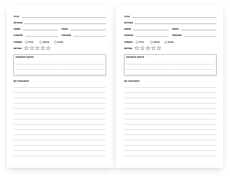 Reading log: a two-page spread of the interior