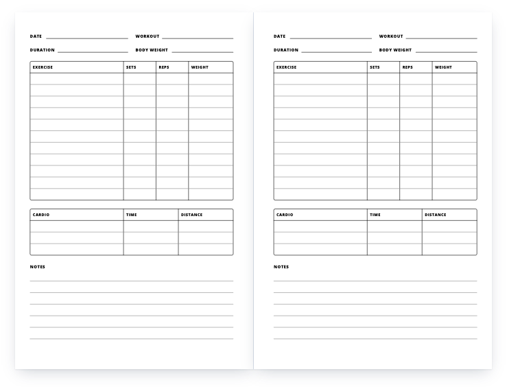 Workout log: a two-page spread of the interior